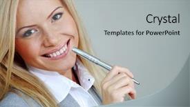  Presentation with business woman standing on maze - Cool new presentation design with business woman on gray background backdrop and a light gray colored foreground