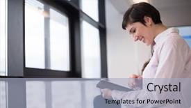  Presentation with business group meeting - Amazing theme having business woman on meeting usineg tablet computer blured group of people in background at modern bright startup office interior backdrop and a light blue colored foreground