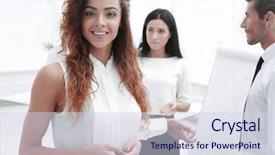  Presentation with confirmation business - PPT theme with business woman on the background background and a  colored foreground