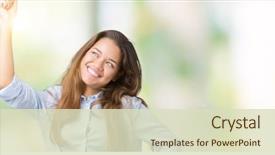  Presentation with moving business - Colorful slide deck enhanced with business woman over isolated background backdrop and a soft green colored foreground