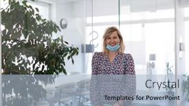  Presentation with medical business - Beautiful PPT theme featuring business-woman-portrait-in-medical backdrop and a light blue colored foreground