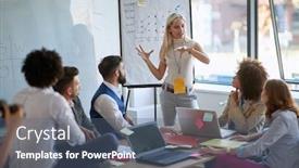  Presentation with business plan - Theme featuring business-woman-present-her-idea background and a ocean colored foreground