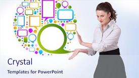 Presentation with bubble - PPT theme having business woman presenting colourful speach background and a  colored foreground