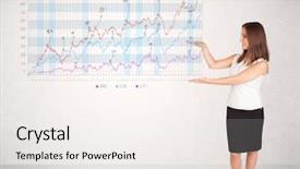  Presentation with capital market - Audience pleasing PPT theme consisting of business woman presenting stock market backdrop and a sky blue colored foreground