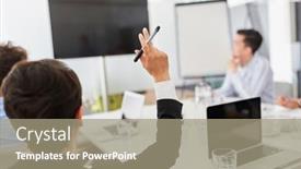  Presentation with video conference - Presentation design enhanced with business-woman-raise-hand background and a coral colored foreground