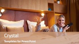  Presentation with business hotel - Slide deck featuring business woman relaxing in hotel background and a coral colored foreground