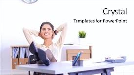  Presentation with office chair - Presentation theme featuring business woman relaxing with hands behind her head and sitting on an office chair background and a white colored foreground