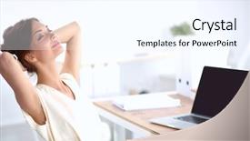  Presentation with office chair - PPT theme enhanced with business woman relaxing with hands background and a white colored foreground