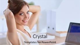  Presentation with office chair - Amazing PPT layouts having business woman relaxing with hands behind her head and sitting on an office chair backdrop and a soft green colored foreground