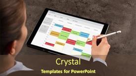  Presentation with pricing program - Beautiful slide set featuring business woman schedule her weekly program on tablet backdrop and a tawny brown colored foreground