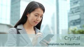  Presentation with sms - Slide deck having business woman sending sms on cellphone background and a light blue colored foreground