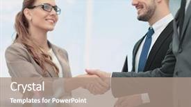  Presentation with business partner - Slide deck with business woman shaking hand to her partner background and a coral colored foreground