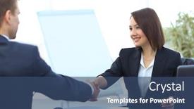  Presentation with business partner - PPT theme with business woman shaking hands with a business partner over a desk background and a ocean colored foreground