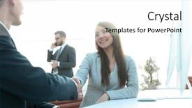  Presentation with business partner - Presentation enhanced with business woman shaking hands background and a white colored foreground