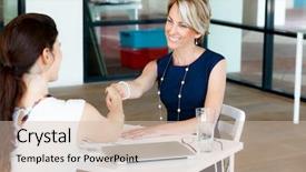  Presentation with hand saving someone - PPT theme consisting of business woman shaking hands background and a soft green colored foreground