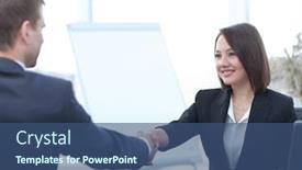  Presentation with business partner - Cool new slide deck with business woman shaking hands with a business partner over a desk backdrop and a ocean colored foreground