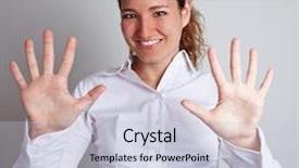  Presentation with woman hands open - PPT theme consisting of business woman showing her open hands with ten fingers background and a lemonade colored foreground