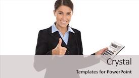  Presentation with business calculator - Amazing theme having business woman showing pocket calculator backdrop and a light gray colored foreground