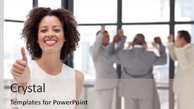  Presentation with woman business - Beautiful slides featuring business woman showing team spirit backdrop and a soft green colored foreground