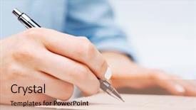  Presentation with contract - Amazing PPT theme having business woman signing contract backdrop and a coral colored foreground