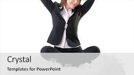  Presentation with stretch - PPT theme with business woman sit on cloud over sky and stretch arms relax concept portrait isolated on white background background and a light gray colored foreground