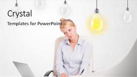  Presentation with light bulbs - Presentation theme enhanced with business woman sitting at table with bright idea light bulbs background and a white colored foreground