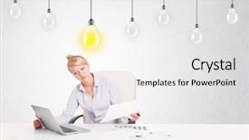  Presentation with light bulbs - Beautiful PPT theme featuring business woman sitting at table with bright idea light bulbs backdrop and a white colored foreground