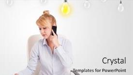  Presentation with light bulbs - Theme with business woman sitting at table with bright idea light bulbs background and a white colored foreground