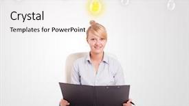  Presentation with light bulbs - Cool new PPT theme with business woman sitting at table with bright idea light bulbs backdrop and a white colored foreground