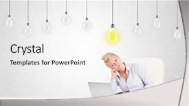 Presentation with light bulbs - Colorful presentation enhanced with business woman sitting at table with bright idea light bulbs backdrop and a white colored foreground