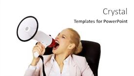  Presentation with desk - Colorful PPT layouts enhanced with business woman sitting behind the desk and screaming through a megaphone backdrop and a white colored foreground