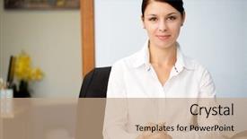  Presentation with office - Presentation theme consisting of business woman smiling at office background and a coral colored foreground