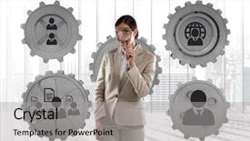  Presentation with five business people standing together and smiling - Beautiful presentation theme featuring business woman standing against people backdrop and a light gray colored foreground