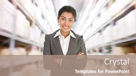  Presentation with warehouse - PPT theme with business-woman-standing-at-warehouse background and a coral colored foreground