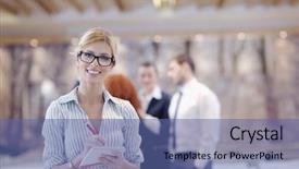  Presentation with office room - Slide deck enhanced with business woman standing with her staff in background at modern bright office conference room background and a ocean colored foreground