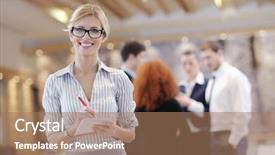  Presentation with office room - Colorful slide set enhanced with business woman standing with her staff in background at modern bright office conference room backdrop and a coral colored foreground