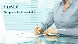  Presentation with business report - Presentation featuring business woman taking notes background and a sky blue colored foreground