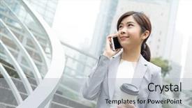  Presentation with coffee talk - Theme with business woman talk to mobile phone and hold with coffee background and a light gray colored foreground