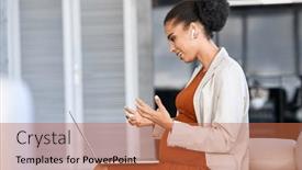  Presentation with online meeting - PPT layouts consisting of business-woman-talking-to-customer background and a red colored foreground