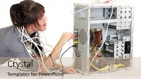  Presentation with tangled tangle of wool yarn - Presentation with problem solution support help - business woman tangled with cables background and a coral colored foreground