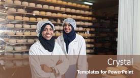  Presentation with company - Amazing slide set having business-woman-team-in-local backdrop and a tawny brown colored foreground