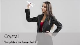  Presentation with plane - Slide deck enhanced with business woman throwing a paper background and a light gray colored foreground