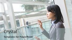  Presentation with touch screen - Theme featuring business woman touch the screen background and a light gray colored foreground