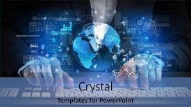  Presentation with business laptops globe - Amazing PPT theme having business woman typing on keyboard backdrop and a teal colored foreground