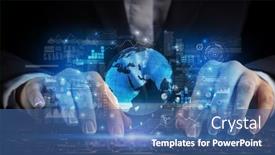  Presentation with woman business - Audience pleasing presentation design consisting of business woman typing on keyboard with global system concept backdrop and a ocean colored foreground