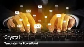  Presentation with mail - Cool new slide set with business woman typing on keyboard with mail icons backdrop and a dark gray colored foreground