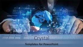  Presentation with global - Presentation theme featuring business woman typing on keyboard with global system concept background and a teal colored foreground