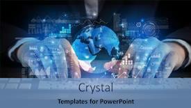  Presentation with global - PPT layouts featuring business woman typing on keyboard with global system concept background and a teal colored foreground