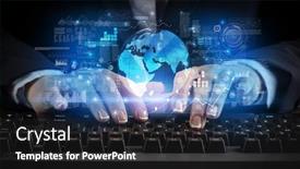  Presentation with global - Cool new slides with business-woman-typing-on-keyboard backdrop and a dark gray colored foreground