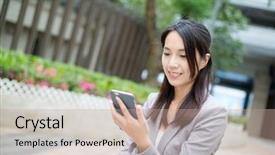  Presentation with mobile use - PPT theme enhanced with business woman use of mobile background and a  colored foreground